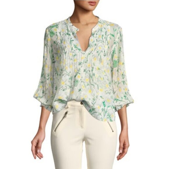 Veronica Beard Walker Pintucked Silk Blouse / Size 8 / White Green Kate Schelter - Picture 2 of 9